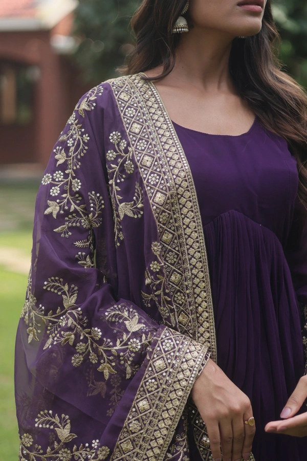 Antique Fashion 1 💃🏼 *Faux Blooming Gown with Dupatta With Attractive Embroidered Sequins work with Lace Border.* 👗 - Purple