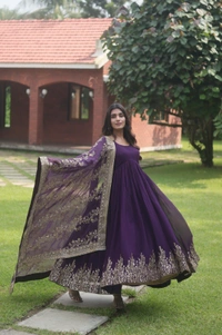 Antique Fashion 1 💃🏼 *Faux Blooming Gown with Dupatta With Attractive Embroidered Sequins work with Lace Border.* 👗 - Purple