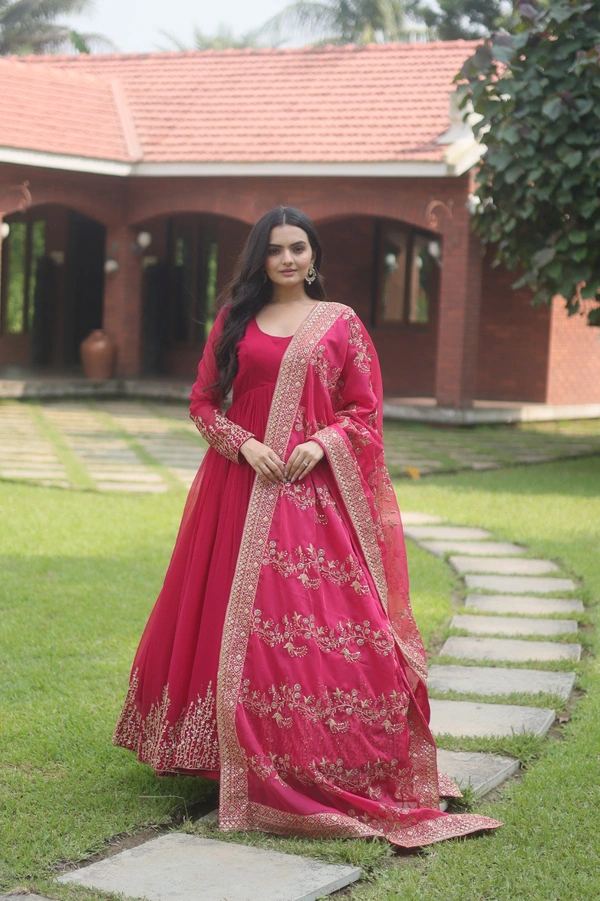 Antique Fashion 1 💃🏼 *Faux Blooming Gown with Dupatta With Attractive Embroidered Sequins work with Lace Border.* 👗 - pink