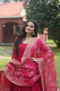Antique Fashion 1 💃🏼 *Faux Blooming Gown with Dupatta With Attractive Embroidered Sequins work with Lace Border.* 👗 - pink