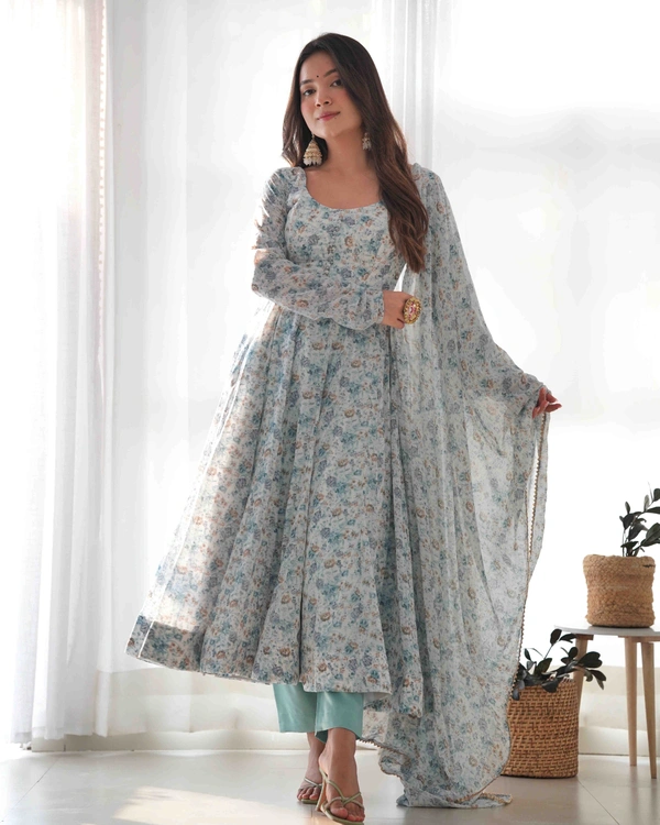 Antique Fashion 1 *PURE ORANGE CHIFFON FLORAL PRINT FABRIC FULLY FLAIR ANARKALI,WITH DUPPTA SET,PENT READY TO WEAR* - Xl (42)