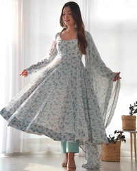 Antique Fashion 1 *PURE ORANGE CHIFFON FLORAL PRINT FABRIC FULLY FLAIR ANARKALI,WITH DUPPTA SET,PENT READY TO WEAR* - Xl (42)
