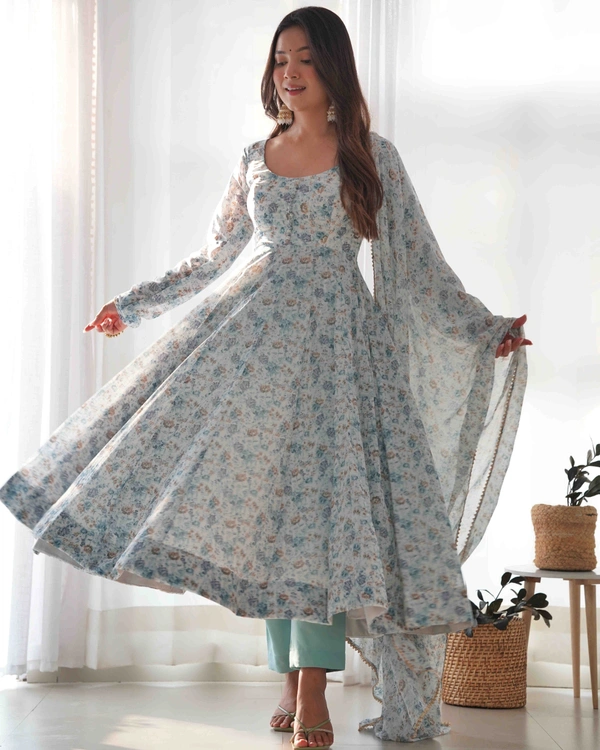 Antique Fashion 1 *PURE ORANGE CHIFFON FLORAL PRINT FABRIC FULLY FLAIR ANARKALI,WITH DUPPTA SET,PENT READY TO WEAR* - Xl (42)