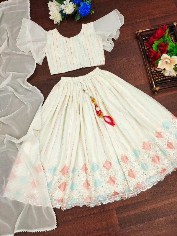 Antique Fashion   Trending 3 colour Sequins Embroidered with Beautiful Cut Work  Stitched Lahenga  Blouse with Dupatta For Festive Season       - 15 Year