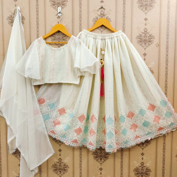 Antique Fashion   Trending 3 colour Sequins Embroidered with Beautiful Cut Work  Stitched Lahenga  Blouse with Dupatta For Festive Season       - 15 Year