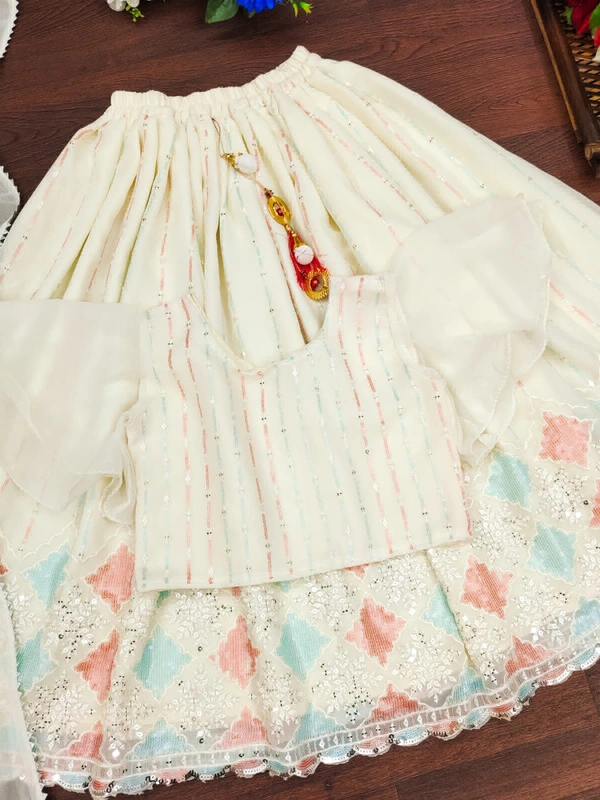Antique Fashion   Trending 3 colour Sequins Embroidered with Beautiful Cut Work  Stitched Lahenga  Blouse with Dupatta For Festive Season       - 15 Year