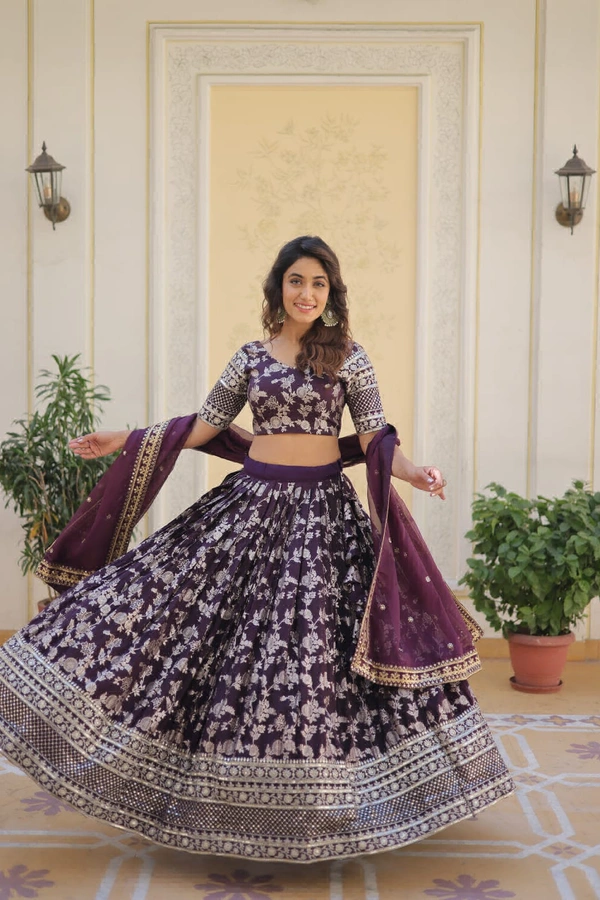 Antique Fashion  Designer Dyeable Pure Viscose Jacquard fabric Lehenga Choli  Dupatta Set - wine
