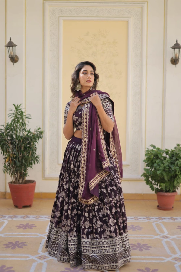 Antique Fashion  Designer Dyeable Pure Viscose Jacquard fabric Lehenga Choli  Dupatta Set - wine