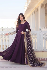 Antique Fashion 1 Faux Blooming Gown with Dupatta With Attractive Embroidered Sequins work with Lace Border.* - M (38), wine