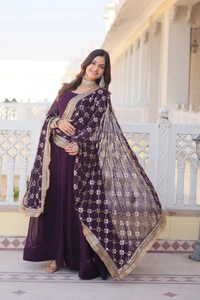 Antique Fashion 1 Faux Blooming Gown with Dupatta With Attractive Embroidered Sequins work with Lace Border.* - M (38), wine