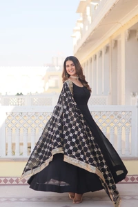 Antique Fashion 1 Faux Blooming Gown with Dupatta With Attractive Embroidered Sequins work with Lace Border.* - M (38), Black