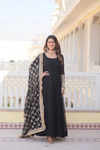 Antique Fashion 1 Faux Blooming Gown with Dupatta With Attractive Embroidered Sequins work with Lace Border.* - M (38), Black
