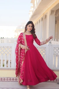 Antique Fashion 1 Faux Blooming Gown with Dupatta With Attractive Embroidered Sequins work with Lace Border.* - Xxl (44), pink
