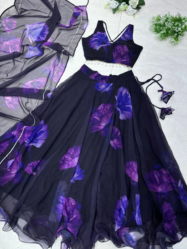 Antique Fashion  *lehnga Set * -  Pure Georgette silk digital printed lehnga. 8mtr flair lehnga with canvas patta  - violet