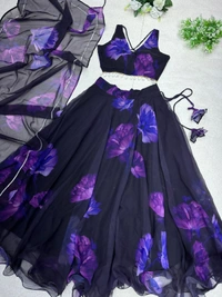 Antique Fashion 1 *lehnga Set * -  Pure Georgette silk digital printed lehnga. 8mtr flair lehnga with canvas patta  - violet