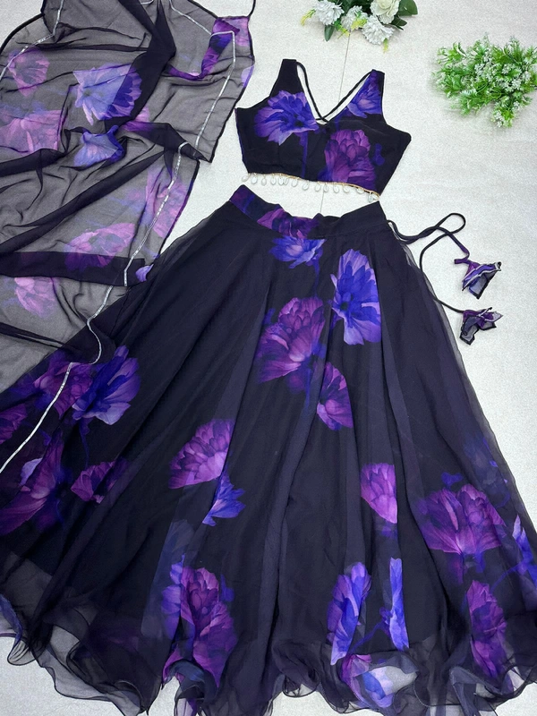 Antique Fashion  *lehnga Set * -  Pure Georgette silk digital printed lehnga. 8mtr flair lehnga with canvas patta  - violet