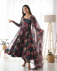 Antique Fashion 1 *PURE SOFT ORGANJA SILK FABRIC FULLY FLAIR KALI PATTERN AND CANVAS PATTA WITH DUPPTA SET ,PENT READY TO WEAR - S (36)