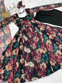 Antique Fashion 1 *PURE SOFT ORGANJA SILK FABRIC FULLY FLAIR KALI PATTERN AND CANVAS PATTA WITH DUPPTA SET ,PENT READY TO WEAR - S (36)