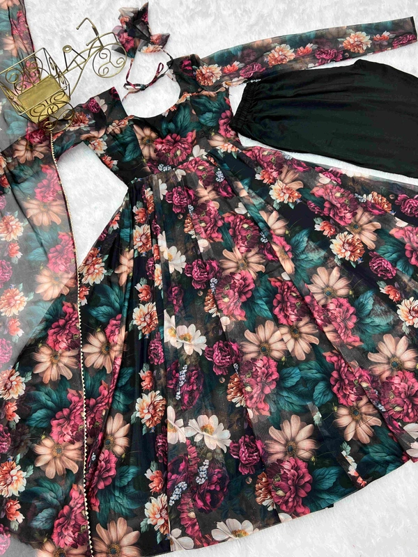 Antique Fashion 1 *PURE SOFT ORGANJA SILK FABRIC FULLY FLAIR KALI PATTERN AND CANVAS PATTA WITH DUPPTA SET ,PENT READY TO WEAR - S (36)