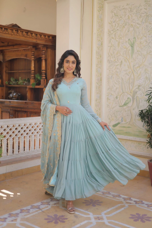 Antique Fashion 1 GOWN WITH DUPATTA - sky, L (40)
