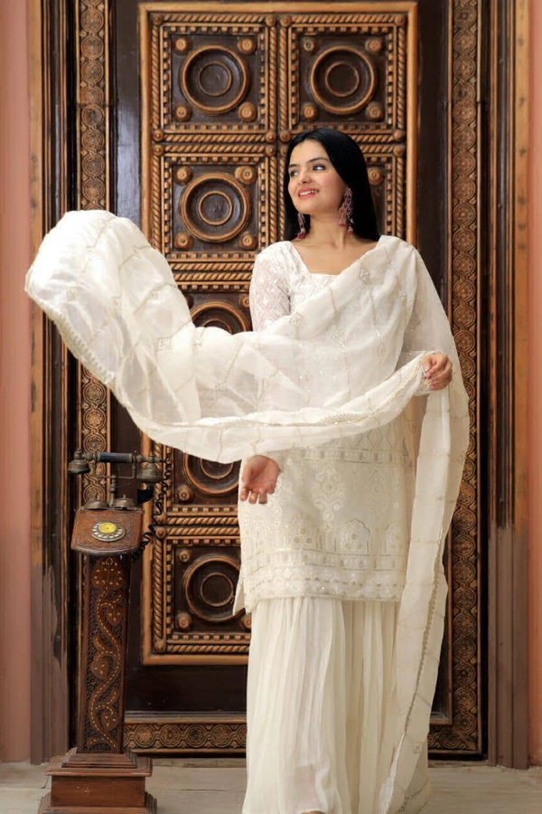 Antique Fashion 1 READYMADE TOP SHARARA DUPATTA COLLECTIONS  - Xxl (44), White