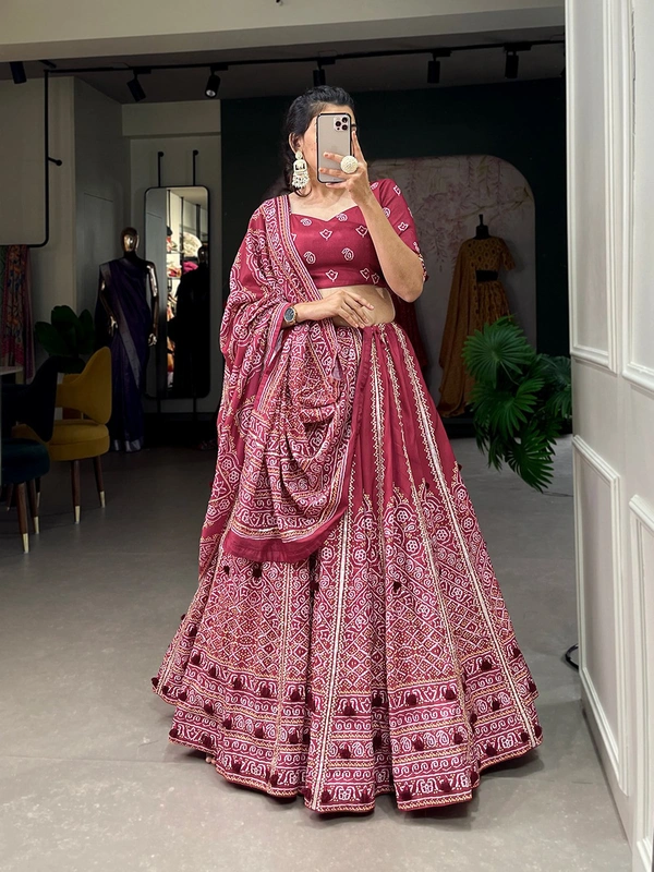 Antique Fashion 1 Steal Everyone s Heart And Attention By Wearing This Amazing Bandhani Printed Navy Blue-Colored Lehngha  Women Can Wear This Lehngha In Wedding Function And Special Functions   - maroon