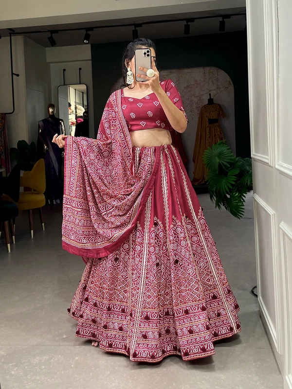 Antique Fashion 1 Steal Everyone s Heart And Attention By Wearing This Amazing Bandhani Printed Navy Blue-Colored Lehngha  Women Can Wear This Lehngha In Wedding Function And Special Functions   - maroon