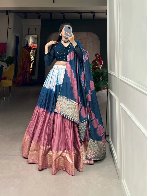 Antique Fashion 1 A modern take with traditional touch up for the wedding season this lehenga handcrafted shibori print with zari border on pure chanderi   - Teal