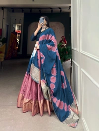 Antique Fashion 1 A modern take with traditional touch up for the wedding season this lehenga handcrafted shibori print with zari border on pure chanderi   - Teal