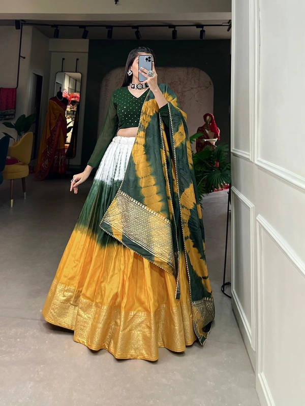 Antique Fashion 1 A modern take with traditional touch up for the wedding season this lehenga handcrafted shibori print with zari border on pure chanderi   - mustard