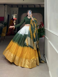 Antique Fashion 1 A modern take with traditional touch up for the wedding season this lehenga handcrafted shibori print with zari border on pure chanderi   - mustard