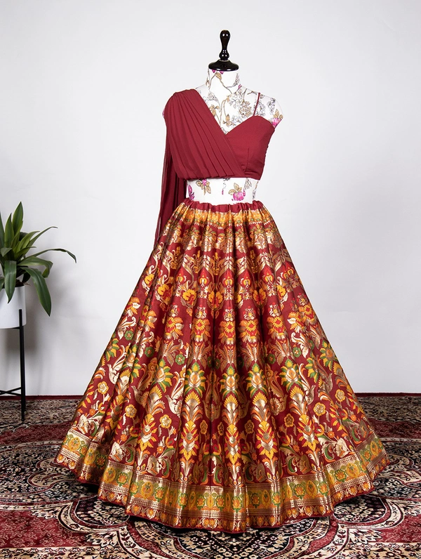 Antique Fashion  Step into with our best lehenga weaved perfectly and beautifully crafted with Banarasi design detailing This look is perfect of all your shaadi season styles be it sangeet  pooja kitty parties or brunches  - maroon