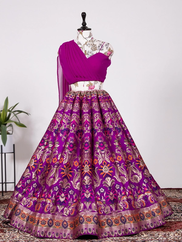 Antique Fashion  Step into with our best lehenga weaved perfectly and beautifully crafted with Banarasi design detailing This look is perfect of all your shaadi season styles be it sangeet  pooja kitty parties or brunches  - Purple