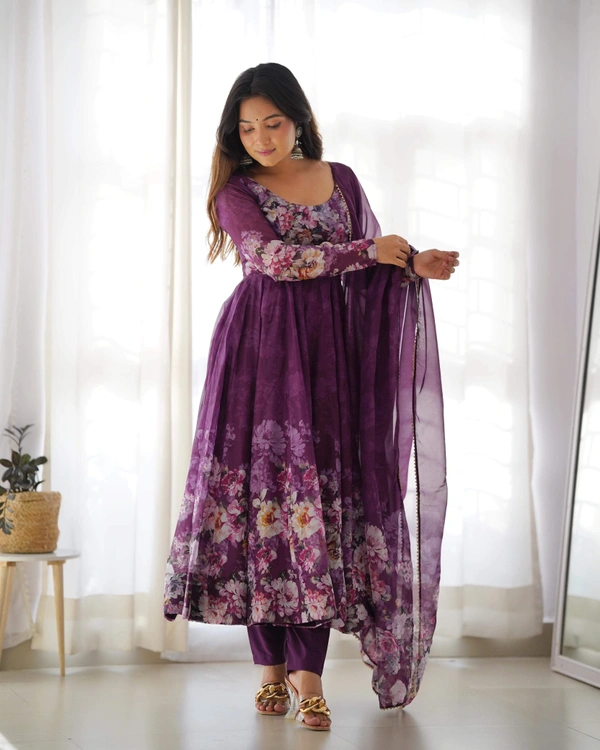 Antique Fashion  *ANARKALI FABRIC*:👗 HEAVY PURE SOFT  ORGANJA SILK PRINT - wine, xs