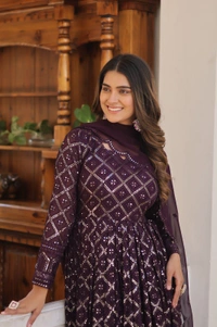 Antique Fashion 1  GOWN WITH DUPATTA COLLECTIONS  - wine, Xl (42)