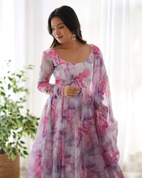 Antique Fashion 1 PURE SOFT ORGANJA SILK FABRIC FULLY FLAIR KALI PATTERN AND CANVAS PATTA WITH DUPPTA SET,PENT READY TO WEAR* - Xl (42)
