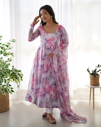 Antique Fashion 1 PURE SOFT ORGANJA SILK FABRIC FULLY FLAIR KALI PATTERN AND CANVAS PATTA WITH DUPPTA SET,PENT READY TO WEAR* - Xl (42)