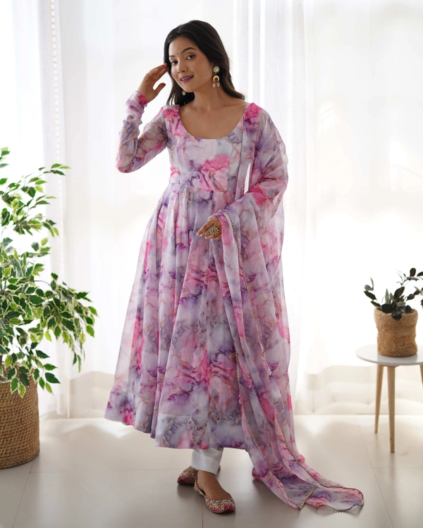 Antique Fashion  PURE SOFT ORGANJA SILK FABRIC FULLY FLAIR KALI PATTERN AND CANVAS PATTA WITH DUPPTA SET,PENT READY TO WEAR* - Xl (42)