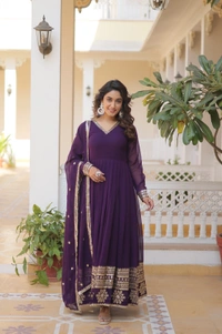 Antique Fashion 1 Faux Blooming Gown with Dupatta With Attractive Embroidered Sequins work  - Xl (42), wine