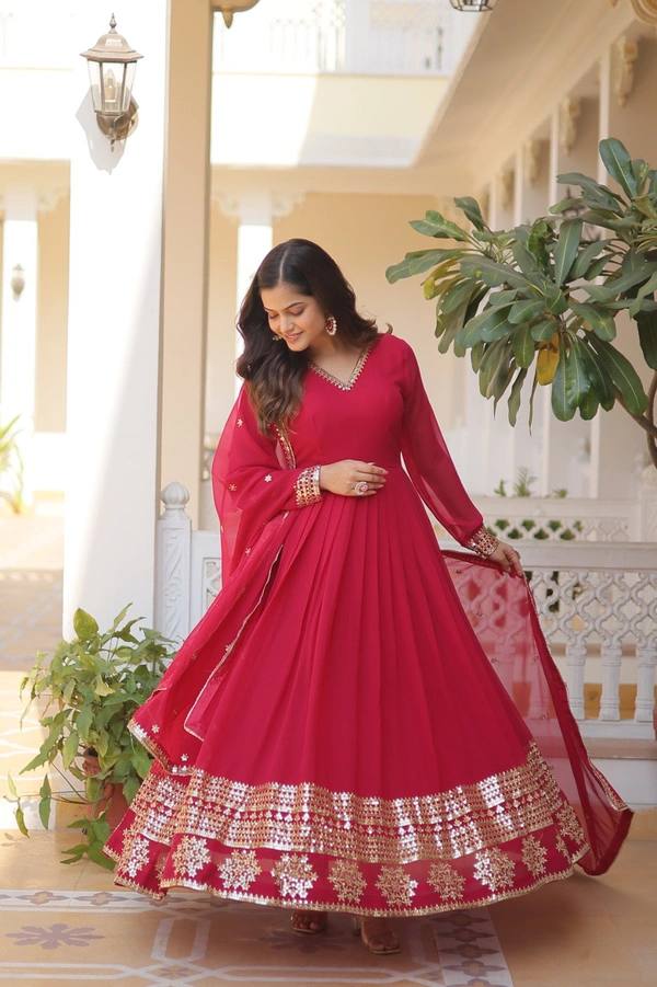 Antique Fashion 1 Faux Blooming Gown with Dupatta With Attractive Embroidered Sequins work  - Xl (42), pink