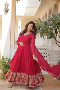Antique Fashion 1 Faux Blooming Gown with Dupatta With Attractive Embroidered Sequins work  - Xl (42), pink