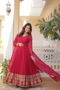 Antique Fashion 1 Faux Blooming Gown with Dupatta With Attractive Embroidered Sequins work  - Xl (42), pink