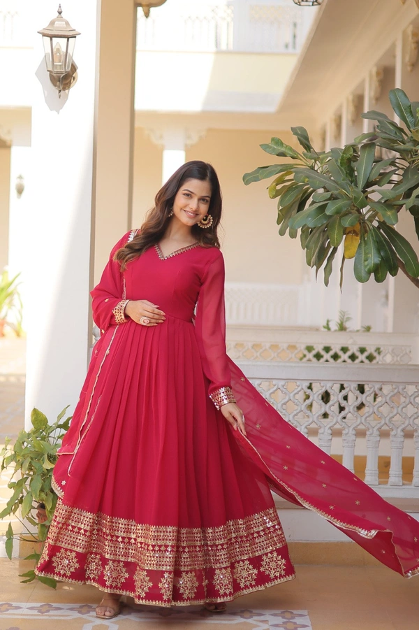 Antique Fashion 1 Faux Blooming Gown with Dupatta With Attractive Embroidered Sequins work  - Xl (42), pink
