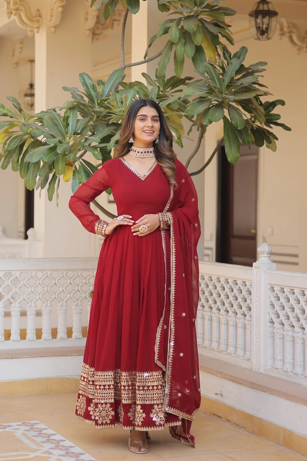 Antique Fashion 1 Faux Blooming Gown with Dupatta With Attractive Embroidered Sequins work  - Xxl (44), mahroon