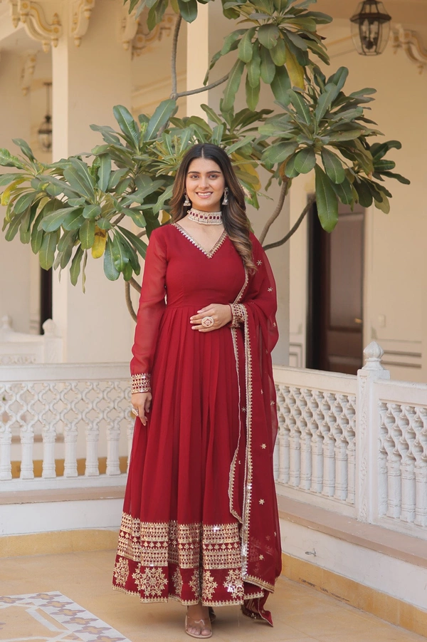 Antique Fashion 1 Faux Blooming Gown with Dupatta With Attractive Embroidered Sequins work  - Xl (42), mahroon