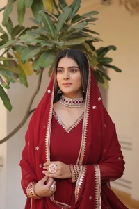 Antique Fashion 1 Faux Blooming Gown with Dupatta With Attractive Embroidered Sequins work  - Xl (42), mahroon