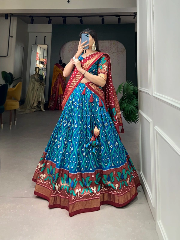 Antique Fashion 1 A exquisite dola Silk Lehenga Set with Perfect print design to make you feel utterly divine  - firozi