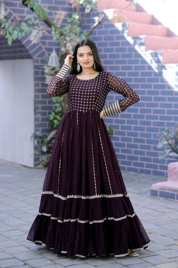 Antique Fashion  Faux Blooming gown with Sequins Multi Silver jari Embroidered Work  It looks graceful for women  it Designed to flatter all body types gowns for women combine the best parts of western and Indian wear into one stunning ensemble  - Xl (42), wine