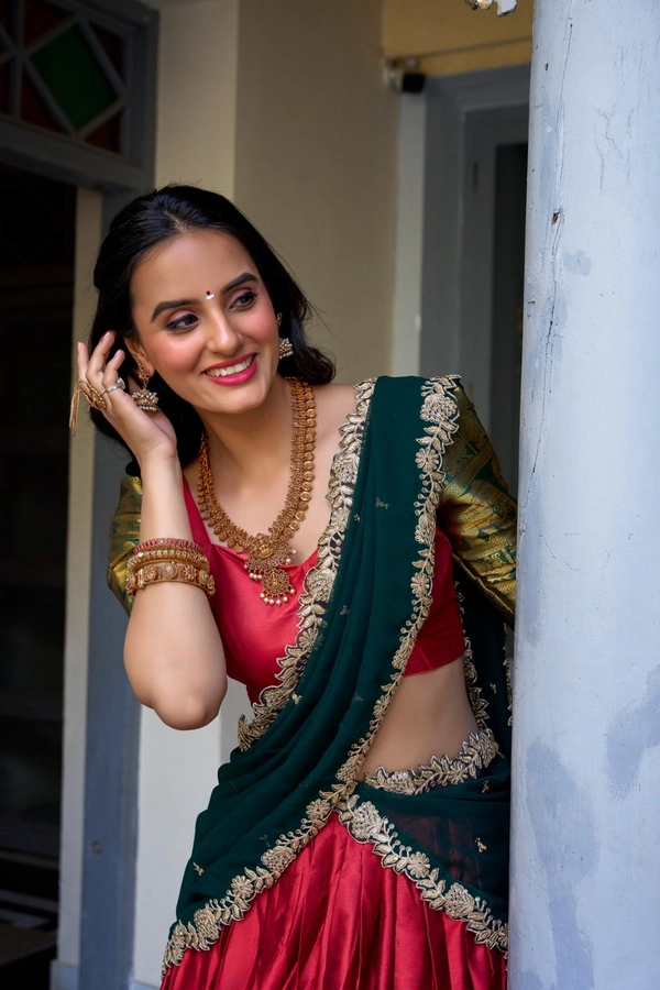 Antique Fashion 1 South Indian Lehenga look  - Red, Blause Stiched, Xl