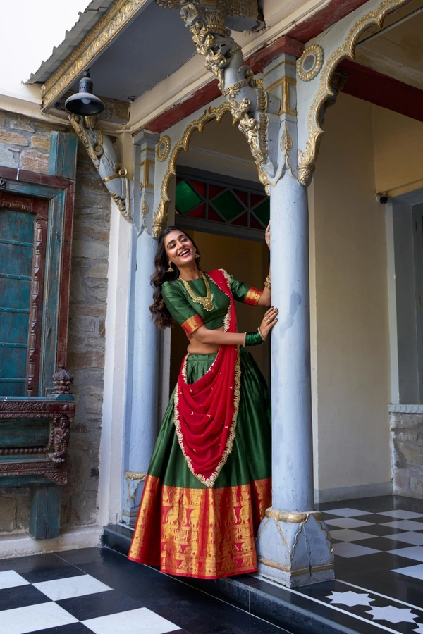 Antique Fashion 1 South Indian Lehenga look  - Green, Blause Stiched, M